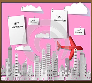 Cityscape of building and skyscraper with plane and clouds in paper style on pink billboard with white paper and pushpin