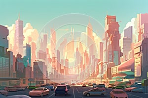 cityscape of bustling metropolis with towering skyscrapers and hovercars photo