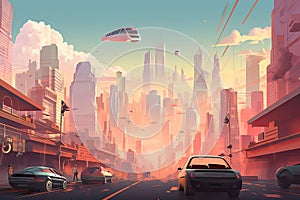 cityscape of bustling metropolis with towering skyscrapers and hovercars photo