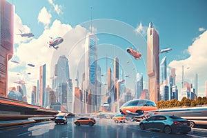 cityscape of bustling metropolis with towering skyscrapers and hovercars photo