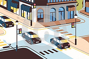 Cityscape with cars driving along road, beautiful buildings, crossroad with traffic lights and pedestrian crossings or