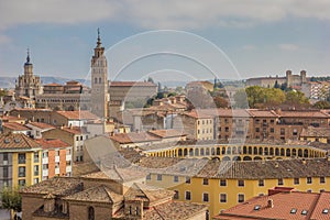 Cityscape with the cathedral and bullring of Tarazona