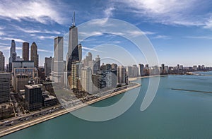 Cityscape of Chicago Riverwalk at Dusable bridge over Michigan river