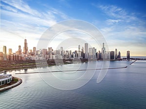 Cityscape of Chicago Riverwalk at Dusable bridge over Michigan river