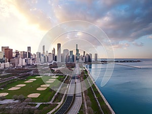 Cityscape of Chicago Riverwalk at Dusable bridge over Michigan river