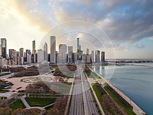 Cityscape of Chicago Riverwalk at Dusable bridge over Michigan river