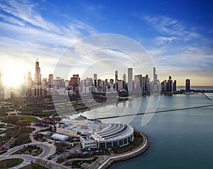 Cityscape of Chicago Riverwalk at Dusable bridge over Michigan river