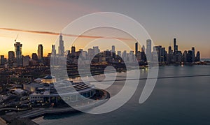 Cityscape of Chicago Skyline aerial skyscrapers view and sea port