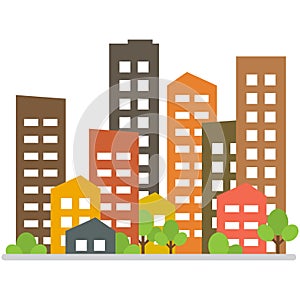 Cityscape. City buildings, housing district, town homes. Vector illustration