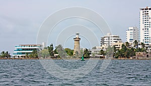 Cityscape of the city of Cartagena de Indias from the sea. Cartagena de Indias, Colombia