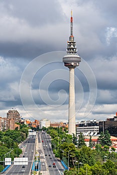 Cityscape of the city of Madrid with its huge communications tower called Piruli in the center of the city. photo