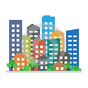 Cityscape. City modern buildings, housing district. Vector illustration