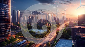A cityscape with clean energy technologies like electric vehicles and solar panels, highlighting the role of sustainable energy in