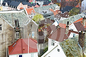 Cityscape with colorful traditional houses, roofs from terracotta tiles. Bergen