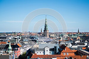 cityscape of Copenhagen with spire of City