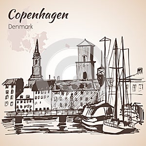 Cityscape of Copenhagen with water