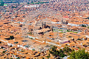 Cityscape of Cusco in Peru with The Cathedral of Santo Domingo, The Cathedral Basilica of Assumtion of the Vergin and The Plaza de