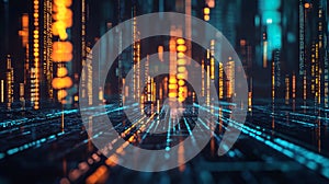 Cityscape data visualization with glowing lights and digital connections