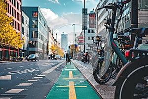 A cityscape with dedicated lanes for bicycles and electric scooters