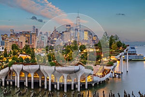 Cityscape of downtown Manhattan skyline with the Little Island Public Park in New York City