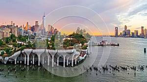 Cityscape of downtown Manhattan skyline with the Little Island Public Park in New York City