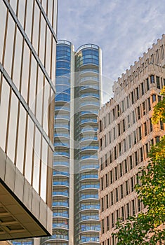 Cityscape of the downtown with tall office buildings of Vancouver BC. Travel photo, street view