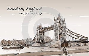 Cityscape drawing sketch Tower Bridge, London, England in Sepia