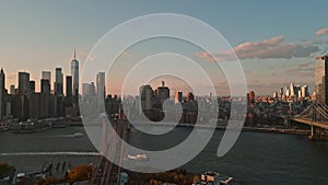 Cityscape from drone over Brooklyn Bridge. Views of Manhattan from above, courtesy of a quadcopter near the Brooklyn