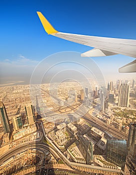 Cityscape of Dubai from aeroplane window