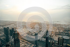 Cityscape of Dubai at dusk, view from the top of Burj Khalifa