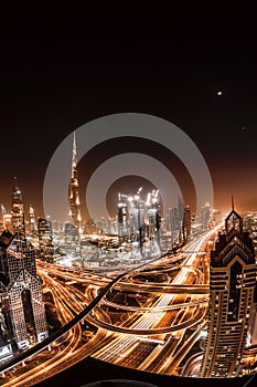 Cityscape of Dubai at night with modern futuristic architecture , United Arab Emirates