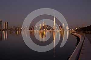 Cityscape of Dubai with the reflection in the water at Bluehour