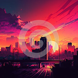 Sunset cityscape illustration. Created using ai generative.