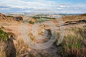 Cityscape of Edinburgh from Arthur& x27;s Seat in a beautiful summer day, Scotland, United Kingdom, summer day