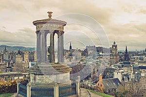 Cityscape of Edinburgh City from the hilltop of Calton Hill in central Edinburgh, Scotland, UK