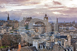 Cityscape of Edinburgh City from the hilltop of Calton Hill in central Edinburgh, Scotland, UK