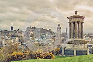 Cityscape of Edinburgh City from the hilltop of Calton Hill in central Edinburgh, Scotland, UK