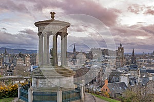 Cityscape of Edinburgh City from the hilltop of Calton Hill in central Edinburgh, Scotland, UK