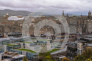 Cityscape of Edinburgh City from the hilltop of Calton Hill in central Edinburgh, Scotland, UK