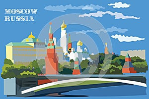 Cityscape of embankment of Kremlin towers and bridge across Moscow river International Landmark Red Square, Moscow, Russia.