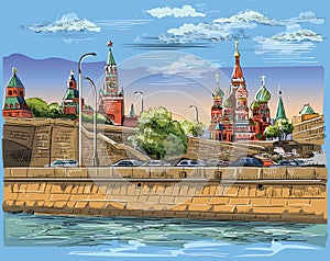Cityscape of embankment of Kremlin towers and bridge across Moscow river Red Square, Moscow, Russia Colorful isolated vector