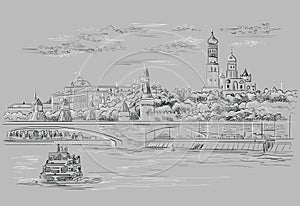 Cityscape of embankment of Kremlin towers and bridge across Moscow river Red Square, Moscow, Russia isolated vector hand drawing