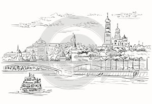 Cityscape of embankment of Kremlin towers and bridge across Moscow river Red Square, Moscow, Russia isolated vector hand drawing