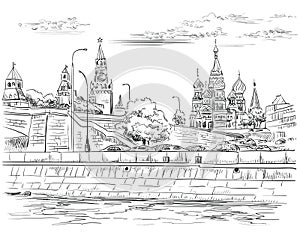 Cityscape of embankment of Kremlin towers and bridge across Moscow river Red Square, Moscow, Russia isolated vector hand drawing