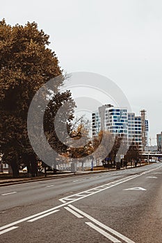 cityscape of empty highway with autumn trees along the road and office building in distance