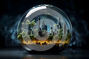 A cityscape encapsulated within a crystal ball. The city is surrounded by lush greenery and illuminated from below, giving it an