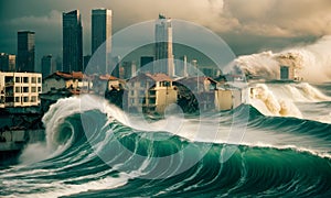 Cityscape Engulfed by Massive Waves