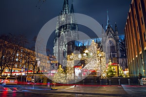 Cityscape - evening view of the Christmas Market on background the Cologne Cathedral