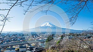 Cityscape from expressway and small town with fuji mountain beau