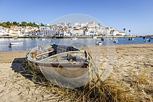 Cityscape of Ferragudo with boats in the foreground, Algarve, Portugal